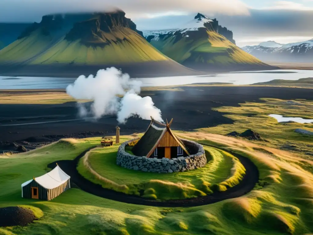 Paisaje islandés con colonización vikinga en Islandia: casa vikinga, caballos y naturaleza