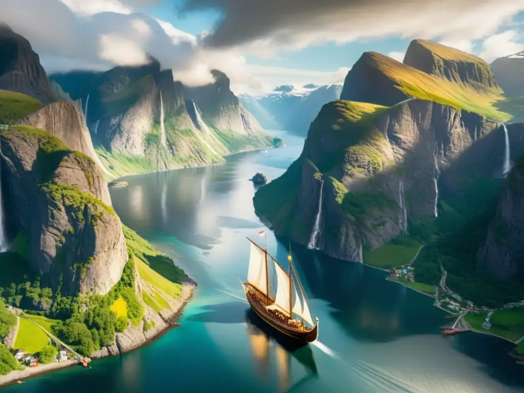 Un paisaje mágico de fiordos noruegos con un barco vikingo navegando en aguas tranquilas, envuelto en misterio y mitología