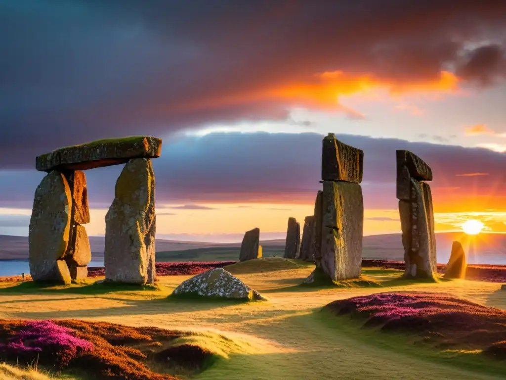 Un paisaje mágico de la puesta de sol sobre el Círculo de Brodgar en Orkney, resaltando la historia vikinga en el archipiélago