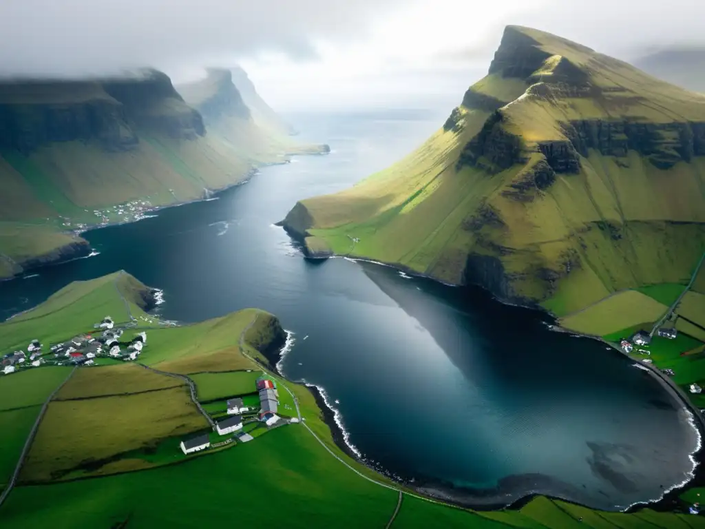 Paisaje místico de las islas Feroe con colonización vikinga en acantilados y fiordos