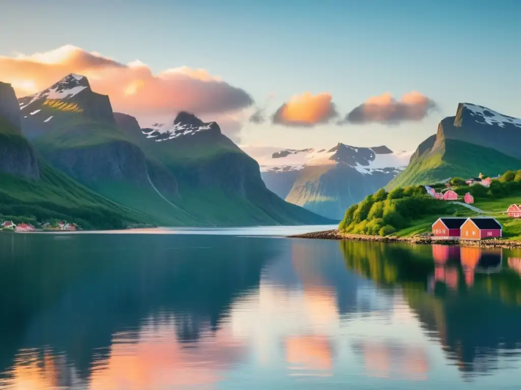 Paisaje nórdico con barco vikingo navegando en aguas tranquilas y montañas nevadas al fondo, reflejando la diplomacia vikinga en Europa