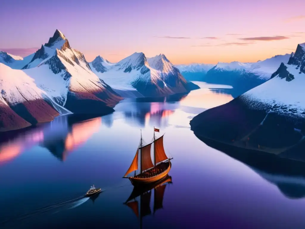 Un paisaje nórdico majestuoso al atardecer con un barco vikingo navegando