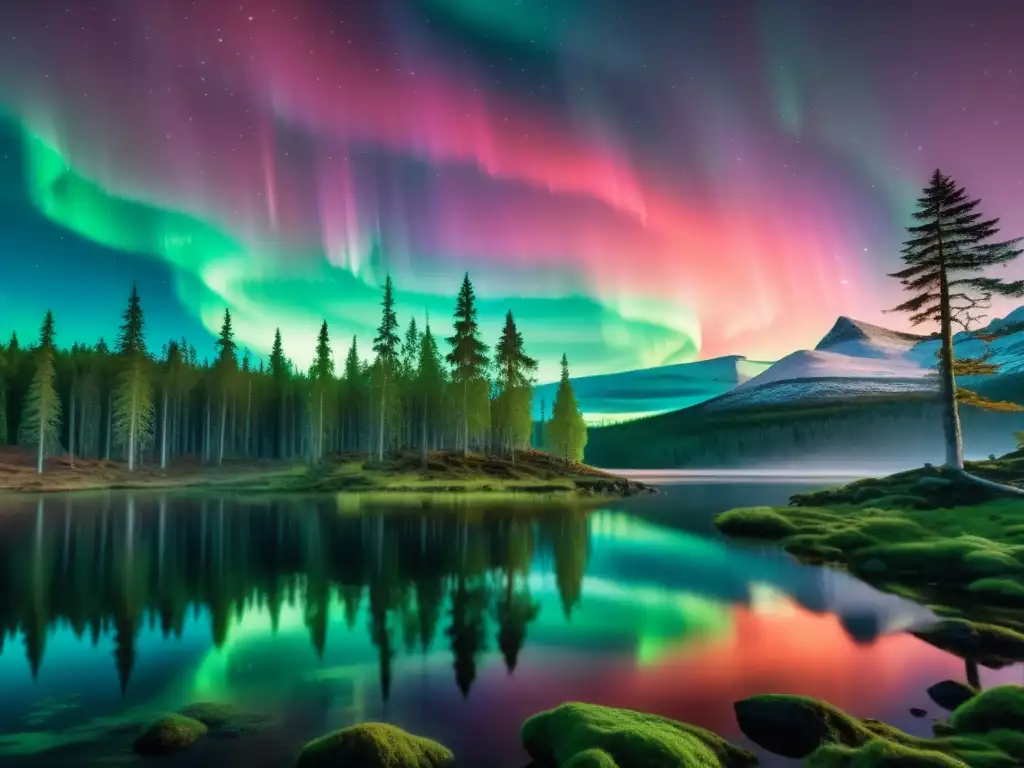 Un paisaje nórdico místico con un bosque antiguo y un lago tranquilo reflejando la aurora boreal