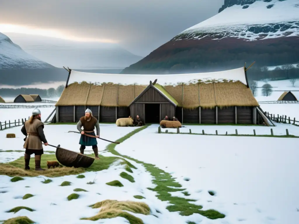 Un paisaje nórdico nevado con una casa vikinga y agricultores vikingos, mostrando el calendario agrícola vikingo en la actualidad