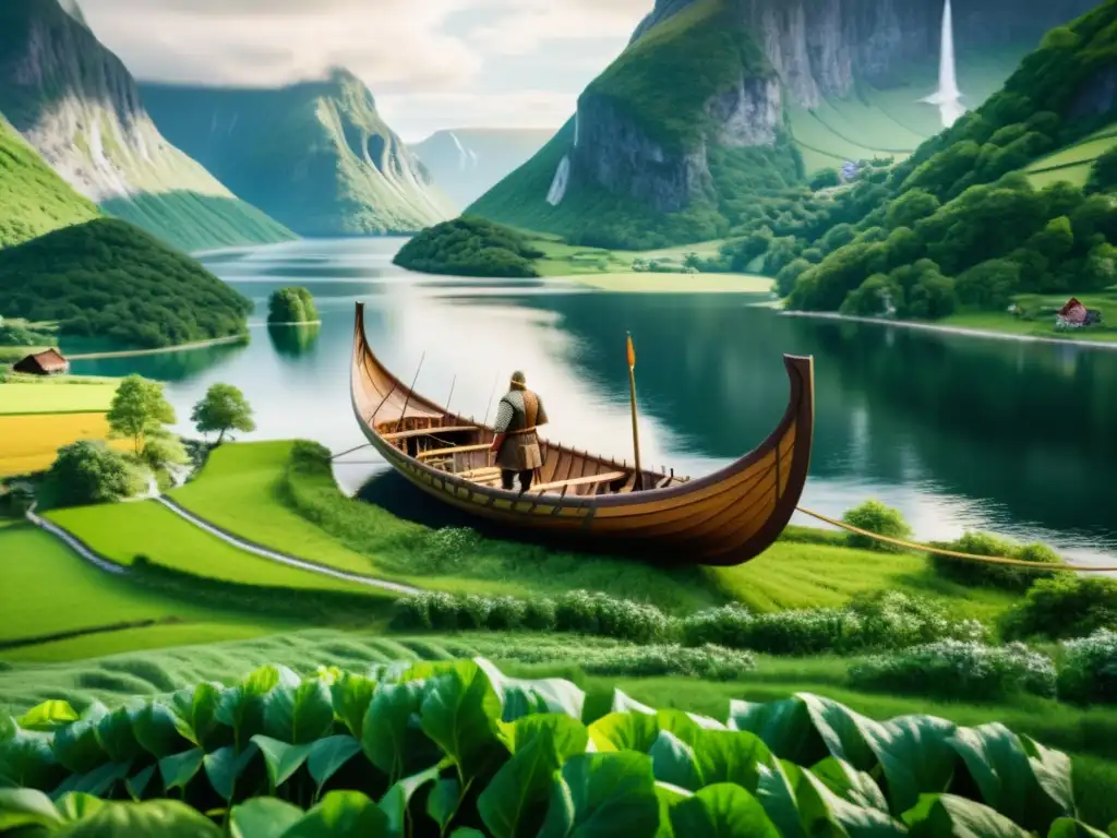 Un paisaje vikingo con un drakkar navegando en un fiordo, rodeado de verdes valles y agricultores usando herramientas agrícolas mundo vikingo