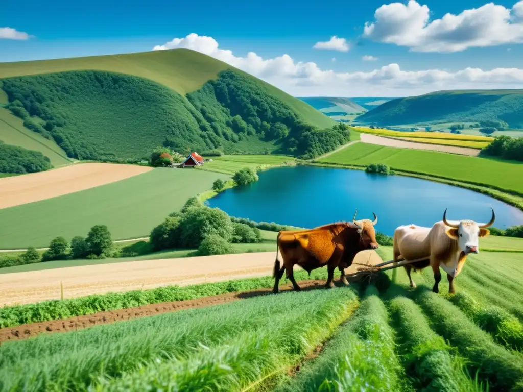 Paisaje vikingo fértil con granjas y cultivos, mostrando influencia vikinga en agricultura moderna