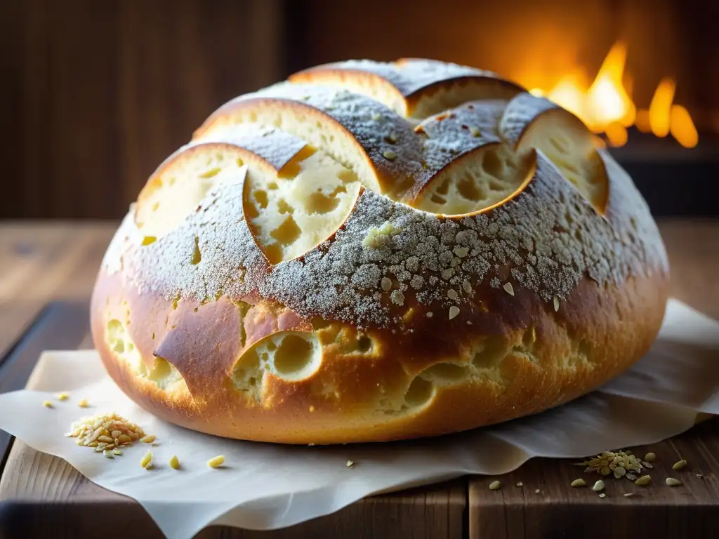 Pan de panadería nórdica vikinga recién horneado sobre mesa rústica con harina esparcida