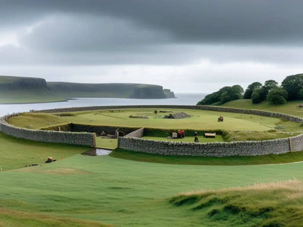 Panorámica de asentamiento vikingo con ruinas preservadas y restauración de asentamientos vikingos históricos