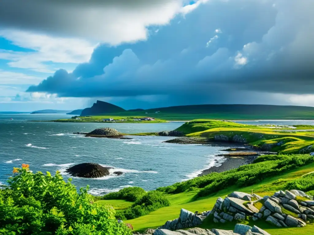 Panorámica detallada del asentamiento vikingo L'Anse aux Meadows en la costa, con oleaje, vegetación exuberante y cielo dramático