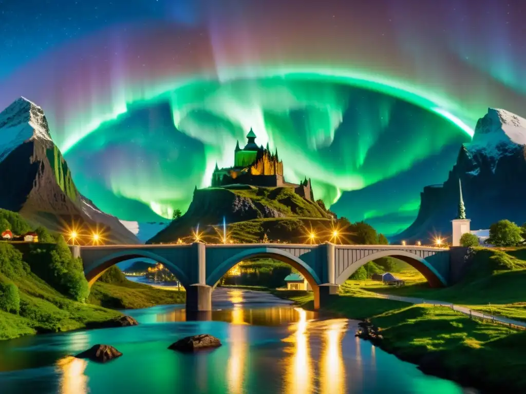 El Panteón Nórdico Revelado: Asgard dorada bajo la aurora boreal, palacio de Odin, puente Bifröst y Mjölnir con relámpagos en la noche estrellada