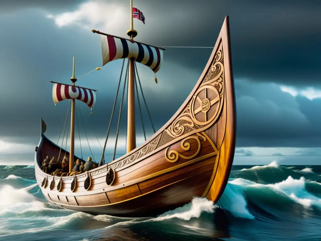 Papel de los barcos vikingos: Detalle de un drakkar vikingo con intrincadas decoraciones, escudos y vela, frente a una costa nórdica tormentosa