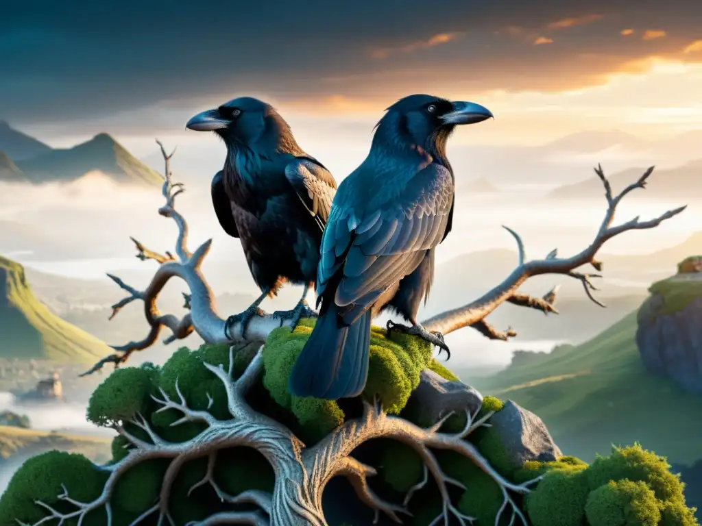 Un par de cuervos majestuosos, Huginn y Muninn, posados en Yggdrasil, transmiten la importancia de los cuervos en la mitología nórdica