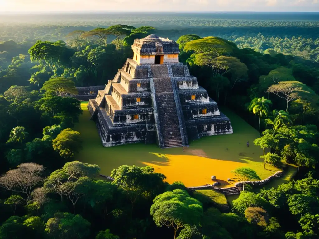 Descubre los paralelismos entre Valhalla y Xibalbá en esta escena de un antiguo templo maya rodeado de selva al atardecer, con arqueólogos excavando