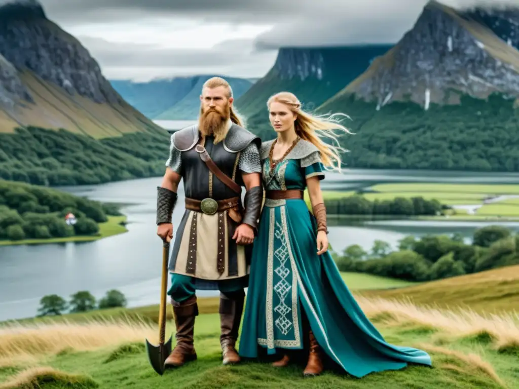 Una pareja vikinga muestra amor y lealtad en su matrimonio, con trajes tradicionales y un paisaje nórdico de fondo