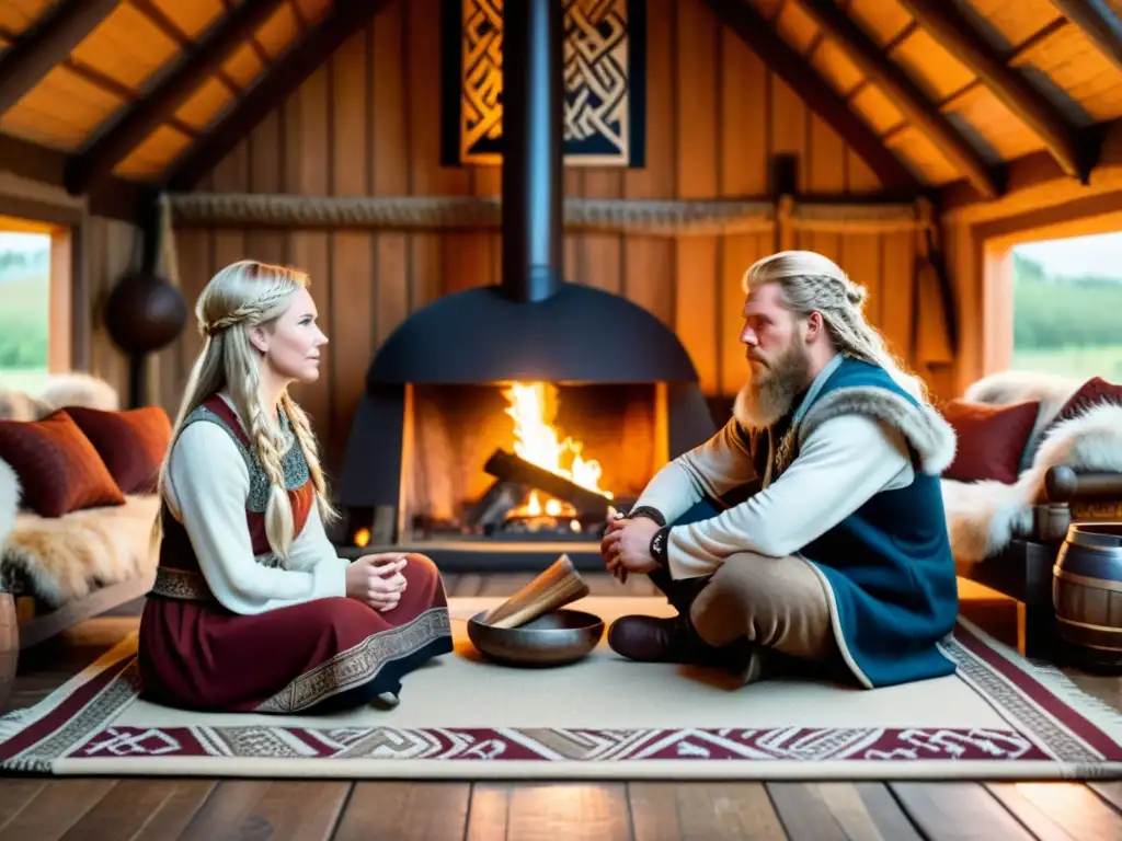 Una pareja vikinga discute con pasión y respeto en su hogar decorado, reflejando amor y lealtad en matrimonio vikingo