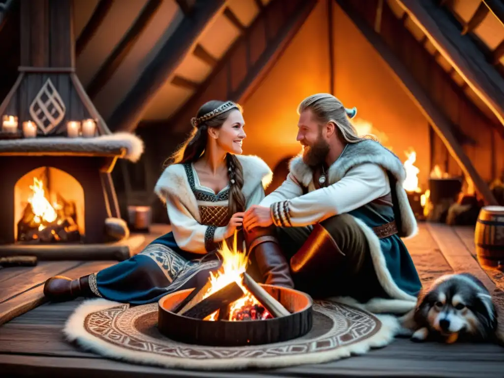 Pareja vikinga en íntima velada junto al fuego, inmersos en decoración tradicional