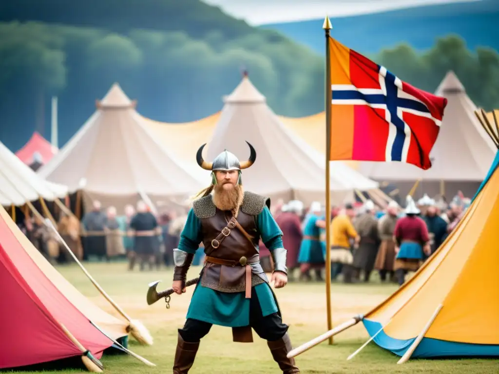 Participantes en un festival temático vikingo, practicando lanzamiento de hacha y bebiendo hidromiel