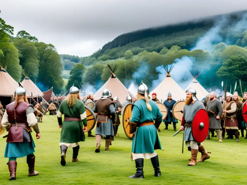 Participantes en un festival de recreación vikinga, mostrando actividades tradicionales