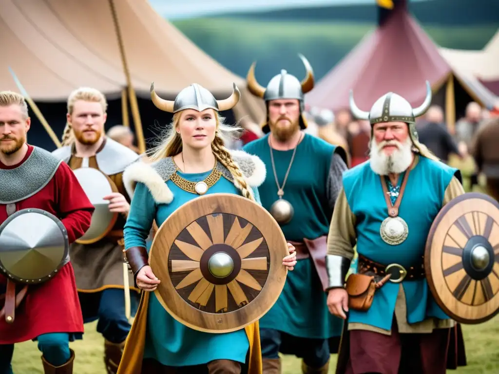 Participantes vestidos de vikingos crean artefactos nórdicos en un festival, inmersión cultural festivales vikingos