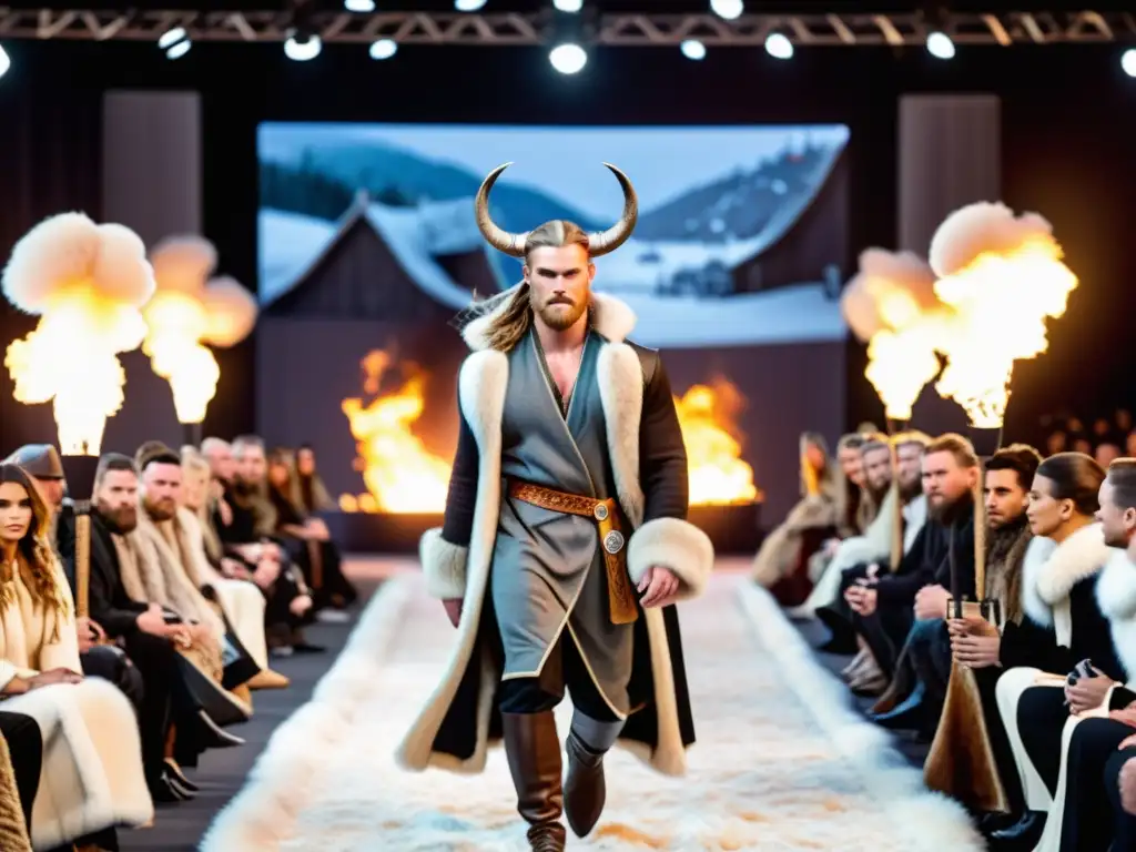 Una pasarela de moda contemporánea vikinga con modelos y ambientación inspirada en la cultura nórdica y moderna