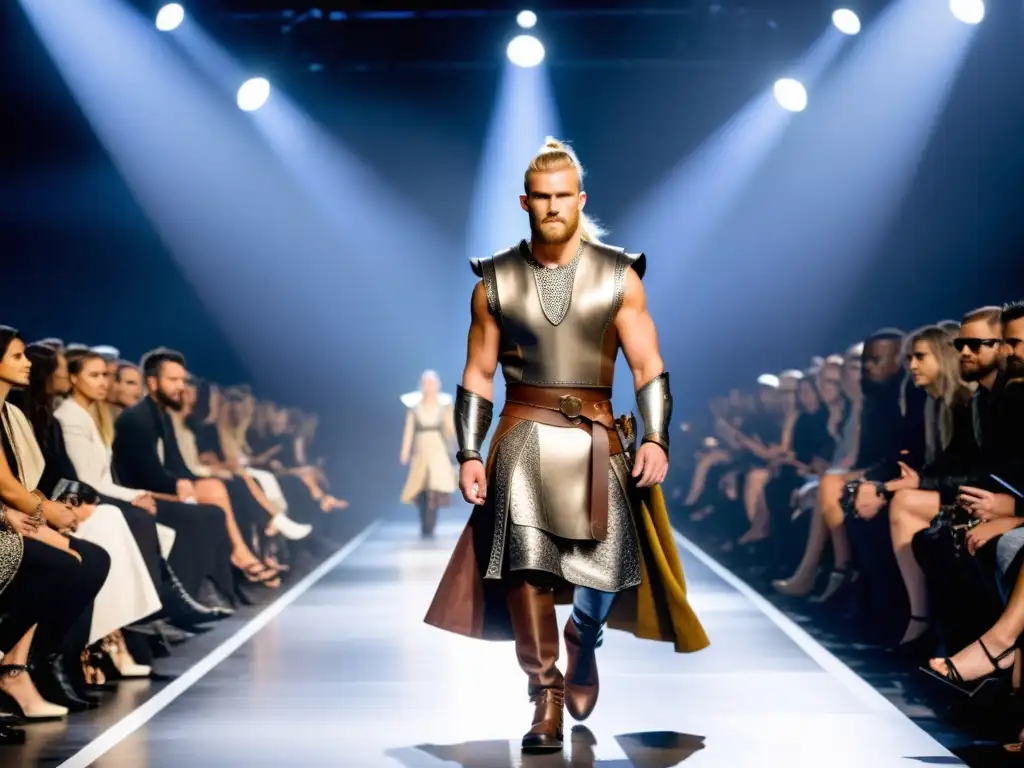 Una pasarela de moda fusionando protección vikinga y tendencias actuales, con modelos seguras y con actitud