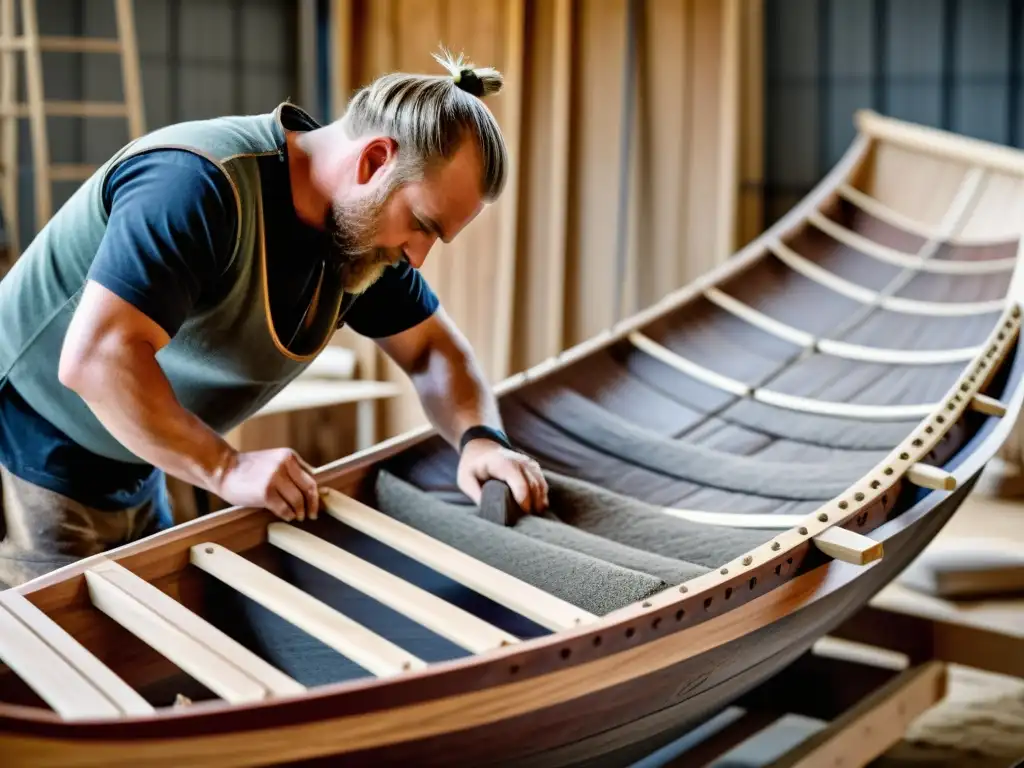 Construcción paso a paso del drakkar vikingo, detallando la habilidad de artesanos en un animado astillero