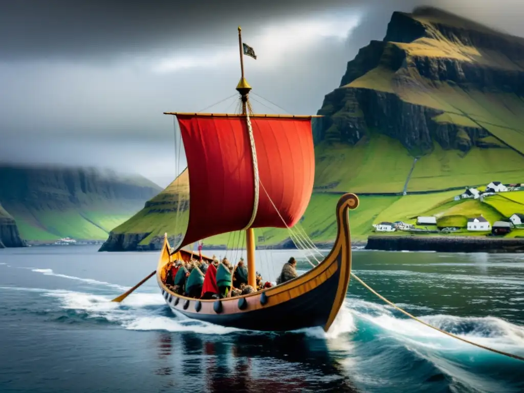 Patrimonio Vikingo en las Islas Feroe: Un barco vikingo navegando en los impresionantes fiordos con acantilados y cielo dramático