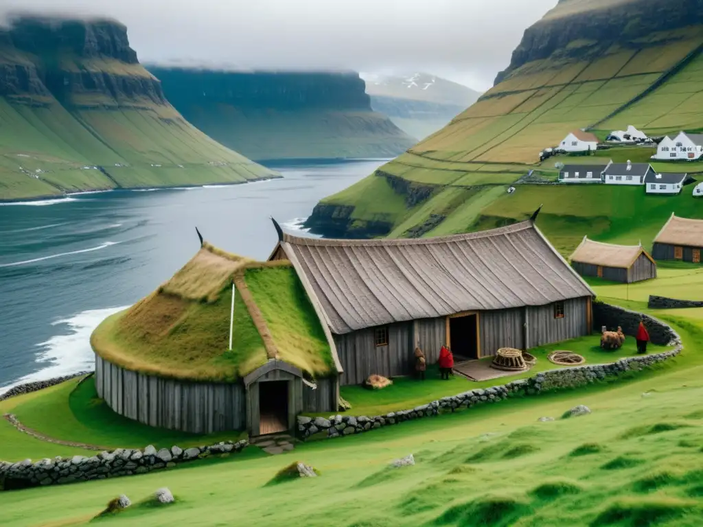 Descubre el Patrimonio Vikingo en las Islas Feroe con una imagen detallada de una casa tradicional vikinga en un paisaje mistico