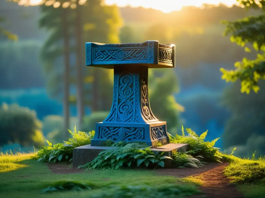 Un pedestal de piedra majestuoso en un claro de bosque verde, iluminado por la luz dorada del sol poniente