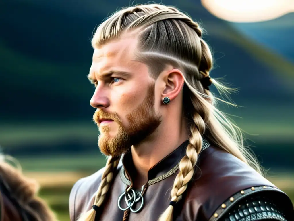 Peinado vikingo para hombre moderno con trenzas largas y detalladas, adornos tradicionales y paisaje nórdico