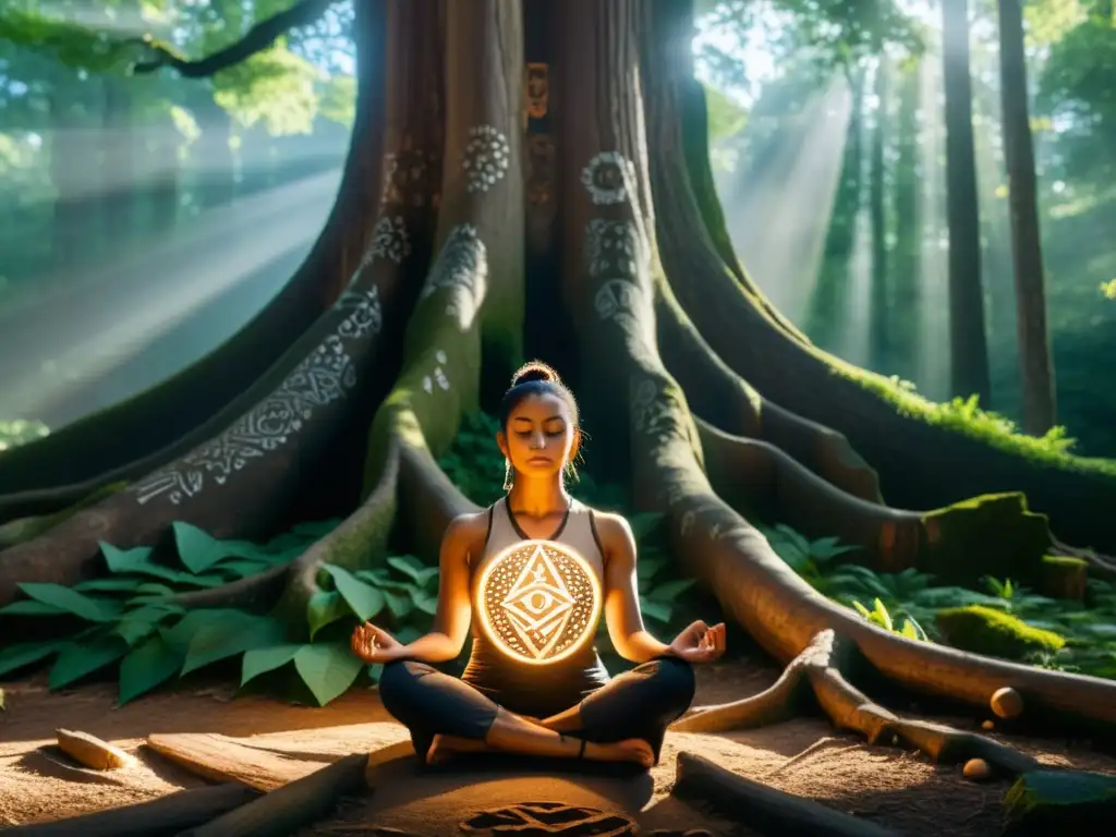 Meditación entre runas en bosque místico Persona meditando en bosque sereno con runas vikingas y luz filtrando entre hojas