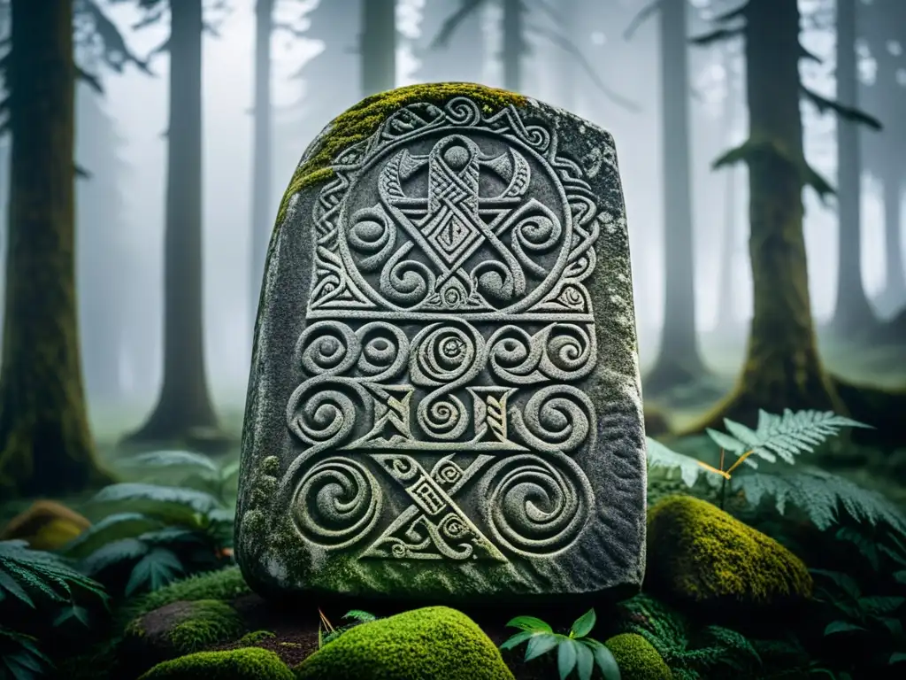 Una piedra rúnica vikinga antigua, tallada con dioses nórdicos y criaturas míticas, en un bosque místico