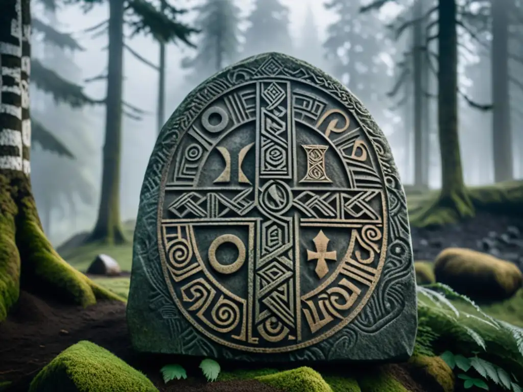 Una piedra rúnica vikinga antigua y desgastada con símbolos nórdicos, en un bosque neblinoso