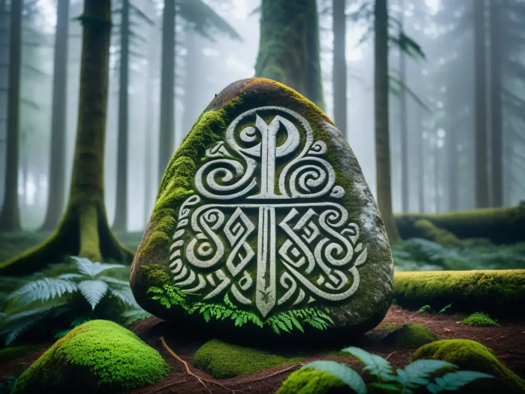 Una piedra rúnica vikinga antigua y misteriosa en el bosque nórdico, con escenas de batallas épicas y criaturas místicas