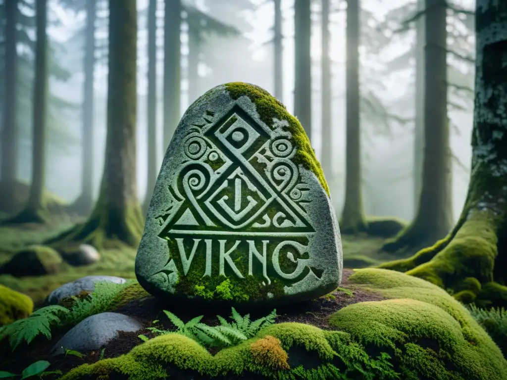 Una piedra rúnica vikinga en un bosque nórdico antiguo y neblinoso