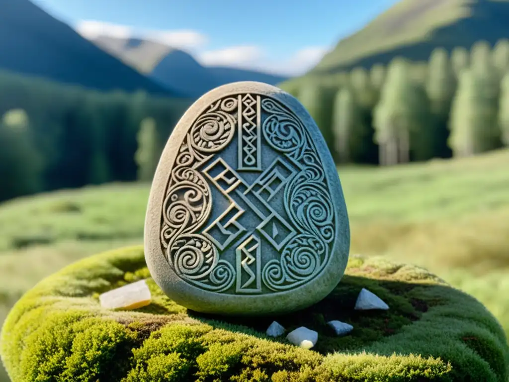 Una piedra rúnica vikinga en un bosque nórdico, cubierta de musgo, evocando misterio y sabiduría para aplicaciones para aprender nórdico antiguo