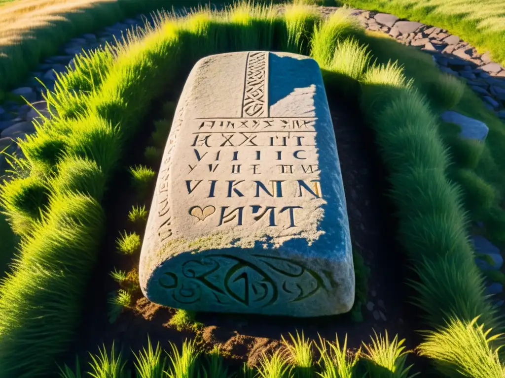 Una piedra rúnica vikinga en un campo verde bajo el sol poniente, con inscripciones misteriosas