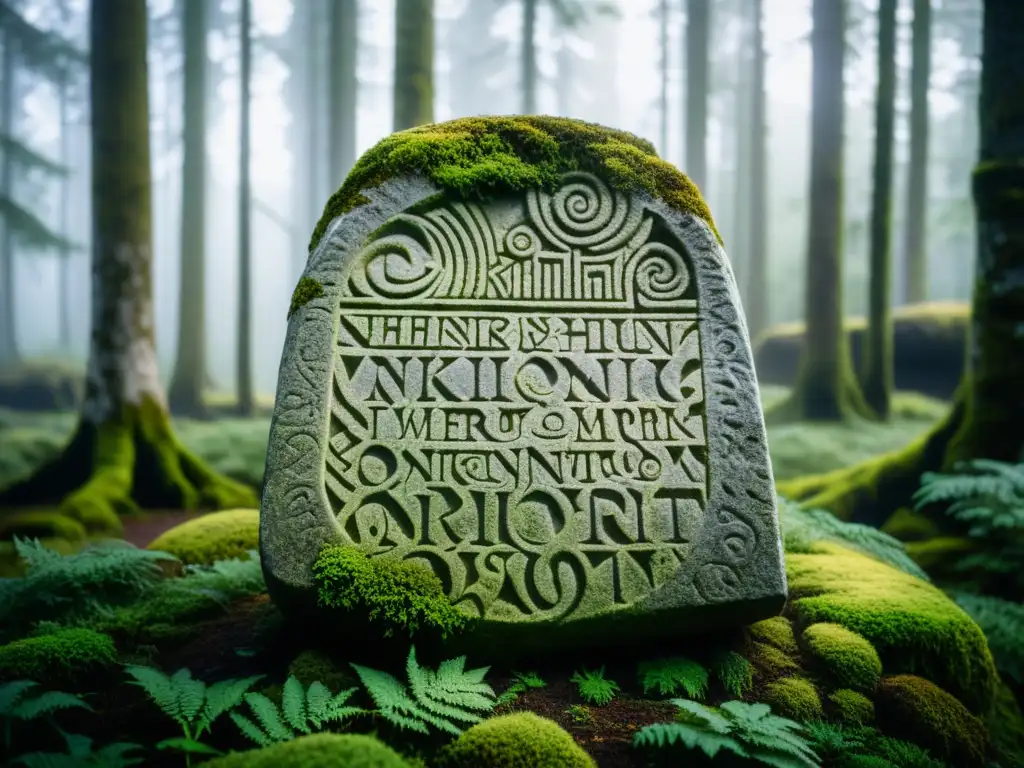 Una piedra rúnica vikinga cubierta de musgo y líquenes en un bosque nórdico brumoso