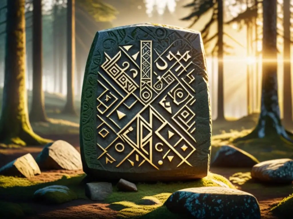 Misteriosa piedra rúnica vikinga en bosque nórdico Una piedra rúnica vikinga cubierta de runas nórdicas en un bosque místico iluminado por rayos dorados