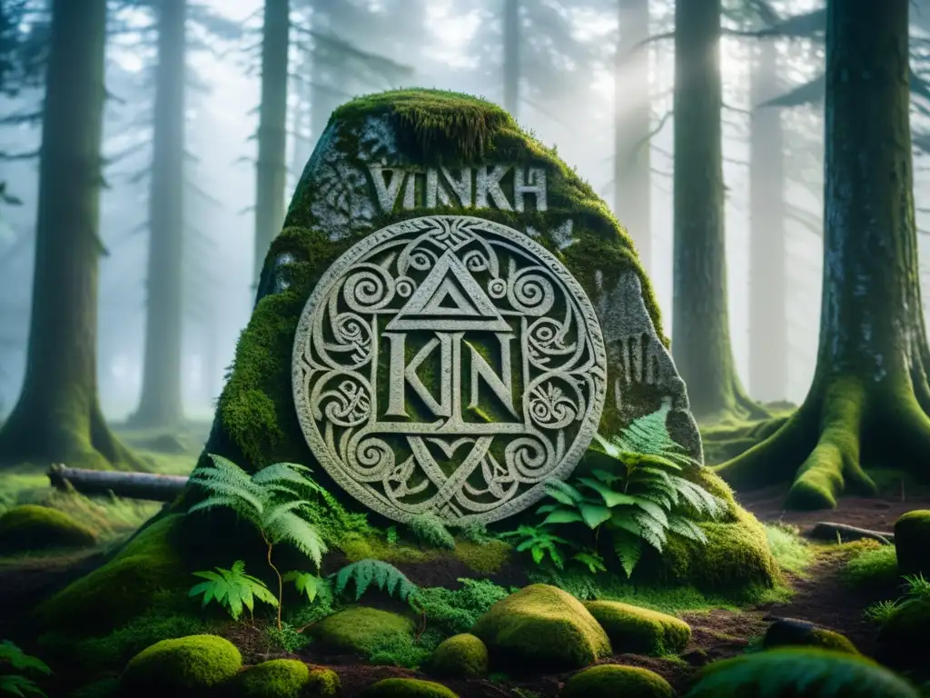 Una piedra rúnica vikinga cubierta de musgo en un bosque nórdico neblinoso, evocando la adivinación en literatura vikinga