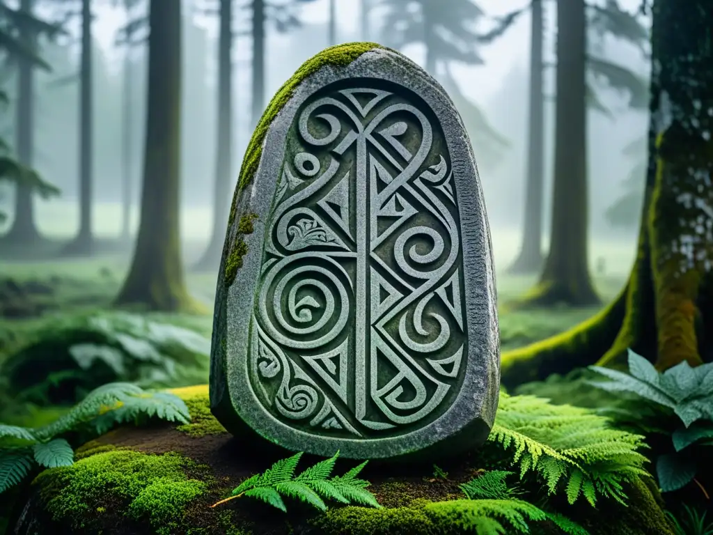 Una piedra rúnica vikinga detallada en un bosque ruso brumoso, conectando raíces nórdicas cultura vikinga