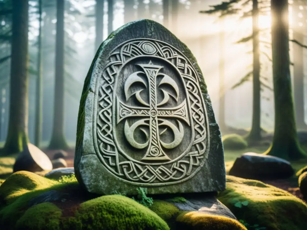 Una piedra rúnica vikinga con detallados grabados de historias sagas familiares nórdicas, en un bosque brumoso y místico