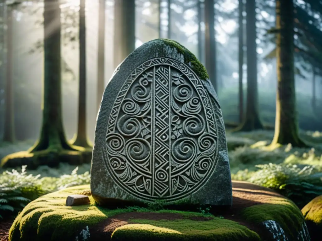 Una piedra rúnica vikinga con intrincados grabados en un bosque escandinavo neblinoso, donde los rayos de sol iluminan su historia y misticismo