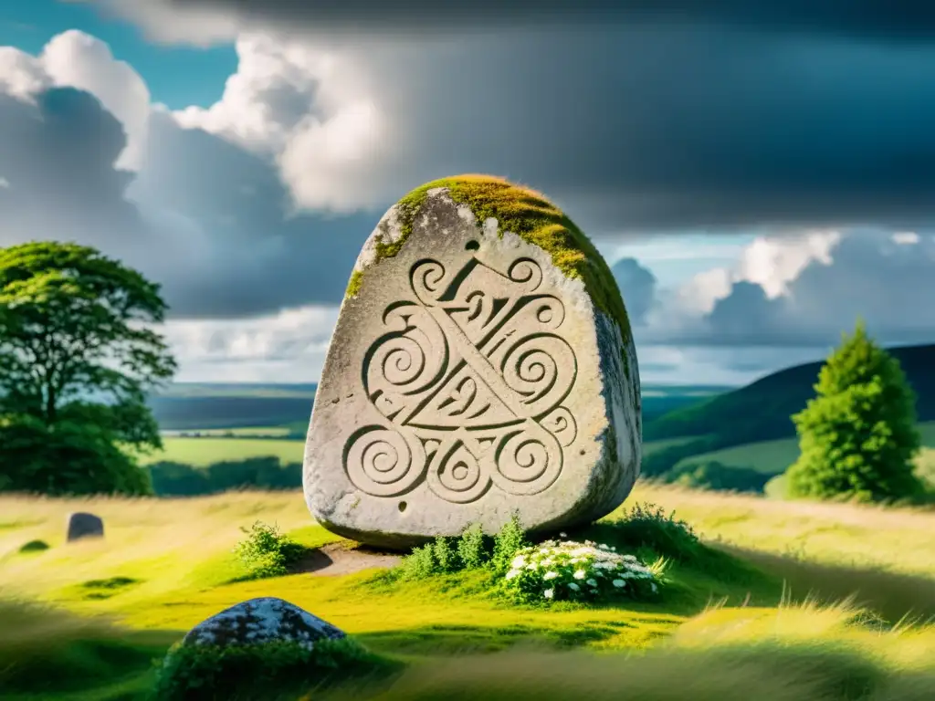 Una piedra rúnica vikinga en un paisaje nórdico misterioso, rodeada de vegetación exuberante bajo un cielo dramático