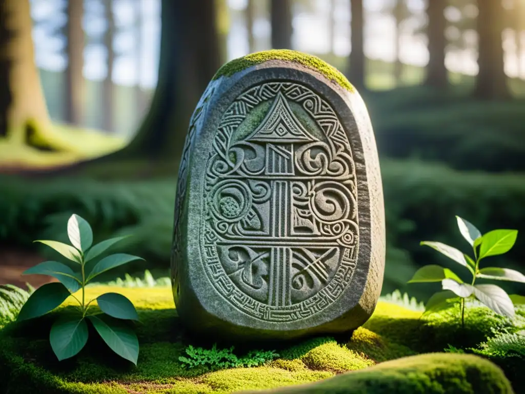 Una piedra rúnica vikinga tallada con símbolos de fertilidad y fortuna, envuelta en musgo, en un bosque escandinavo