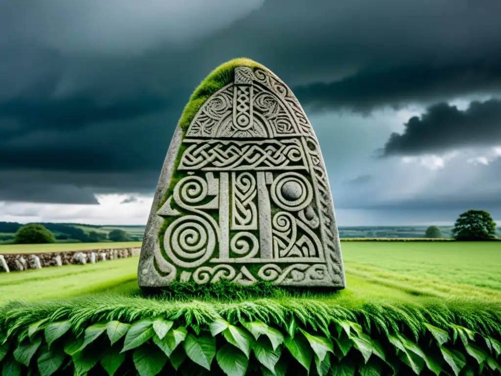 Una piedra rúnica vikinga tallada con símbolos nórdicos, en un campo verde bajo un cielo tormentoso