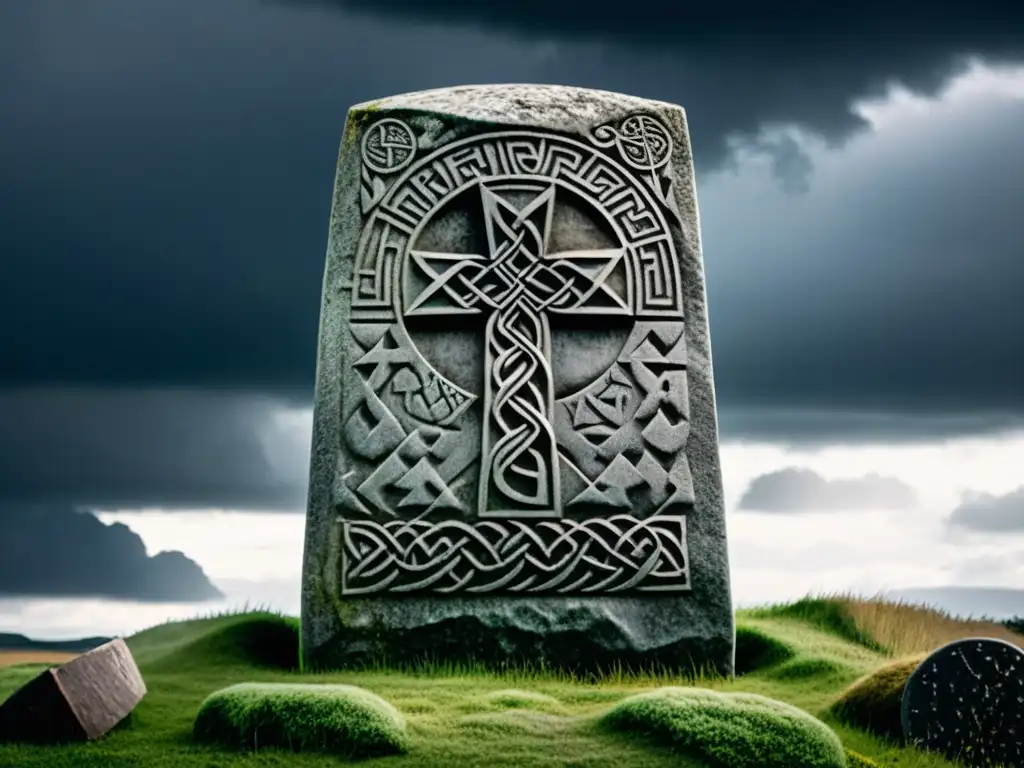 Una piedra rúnica vikinga tallada con simbolos cristianos y paganos, rodeada de escritura vikinga, en un paisaje nórdico impresionante