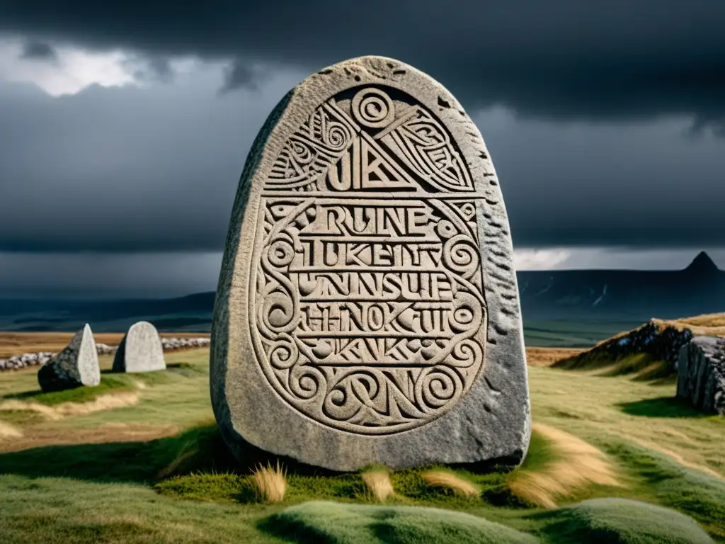 Una piedra rúnica vikinga tallada con intrincadas runas, en un paisaje nórdico tormentoso