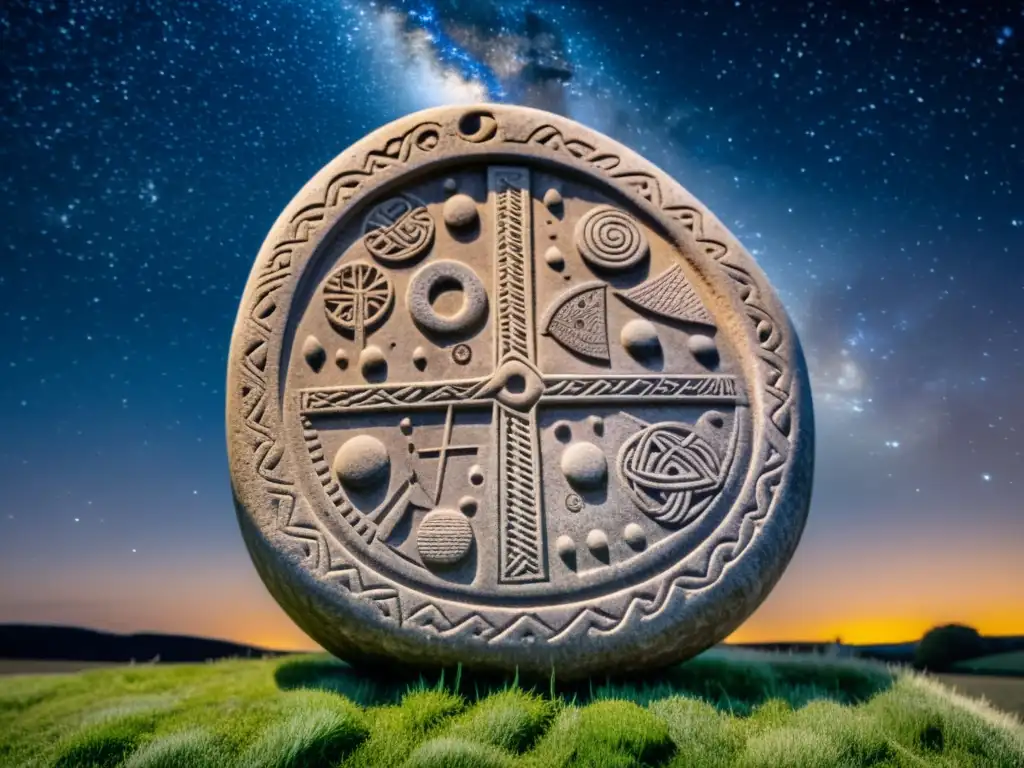 Una piedra rúnica vikinga con tallados celestiales y escenas agrícolas, en una noche estrellada