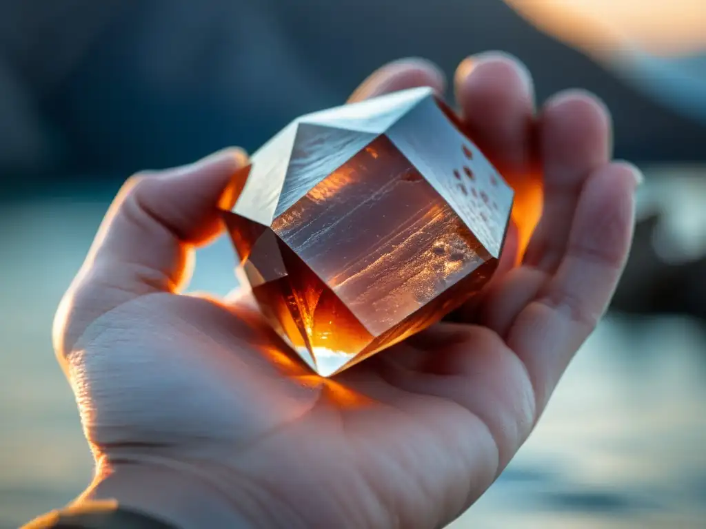 Piedra solar vikinga en mano gastada, reflejando la luz en su superficie